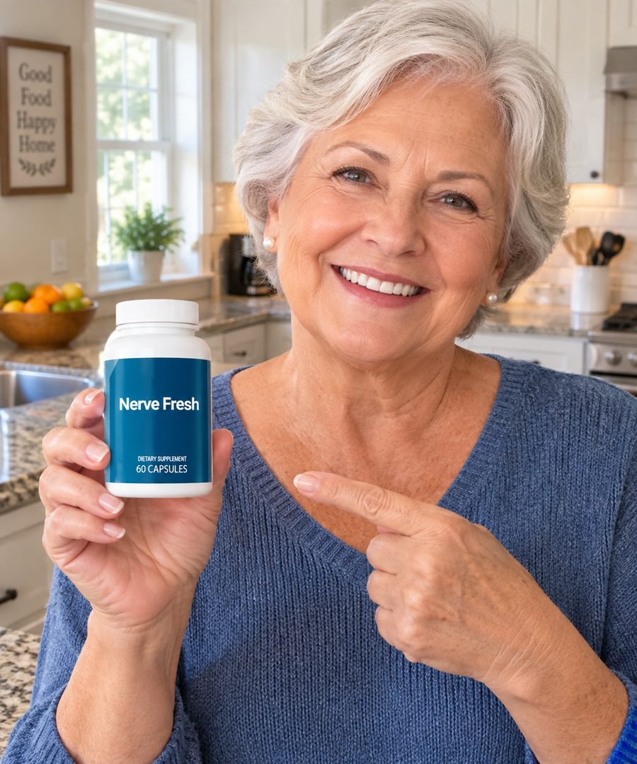 Illustration of a woman holding a bottle of Nerve Fresh dietary supplement (not an actual customer)