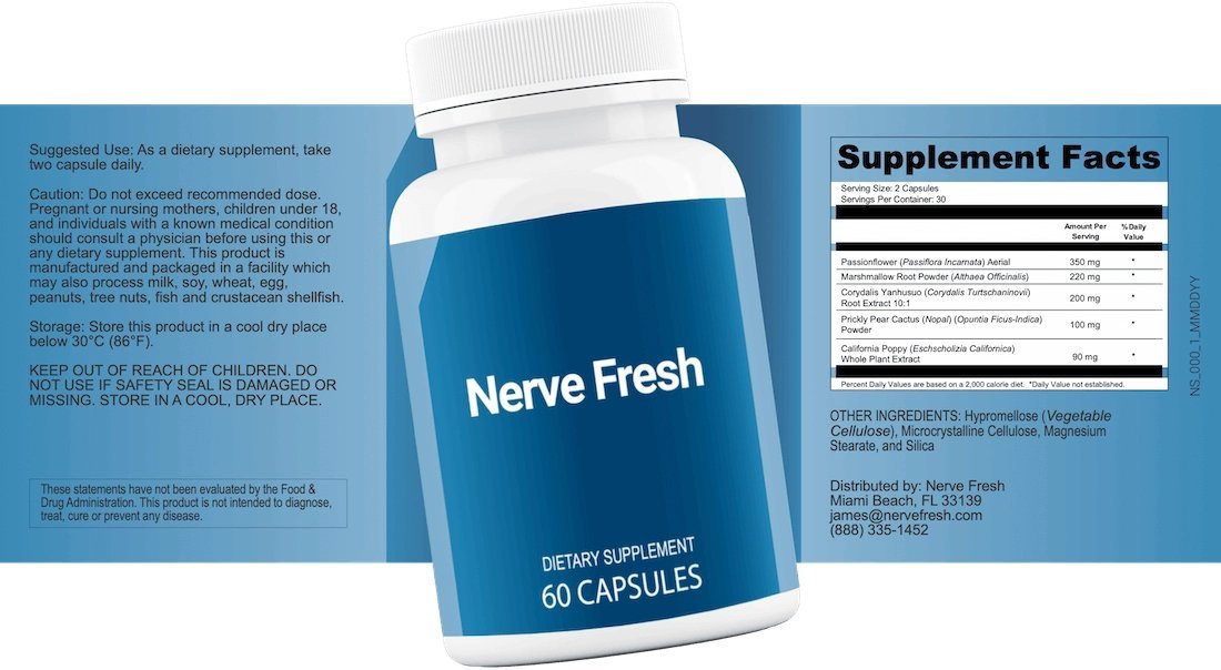 Nerve Fresh Supplement Facts label showing all five ingredient doses, other ingredients and the distributor's address